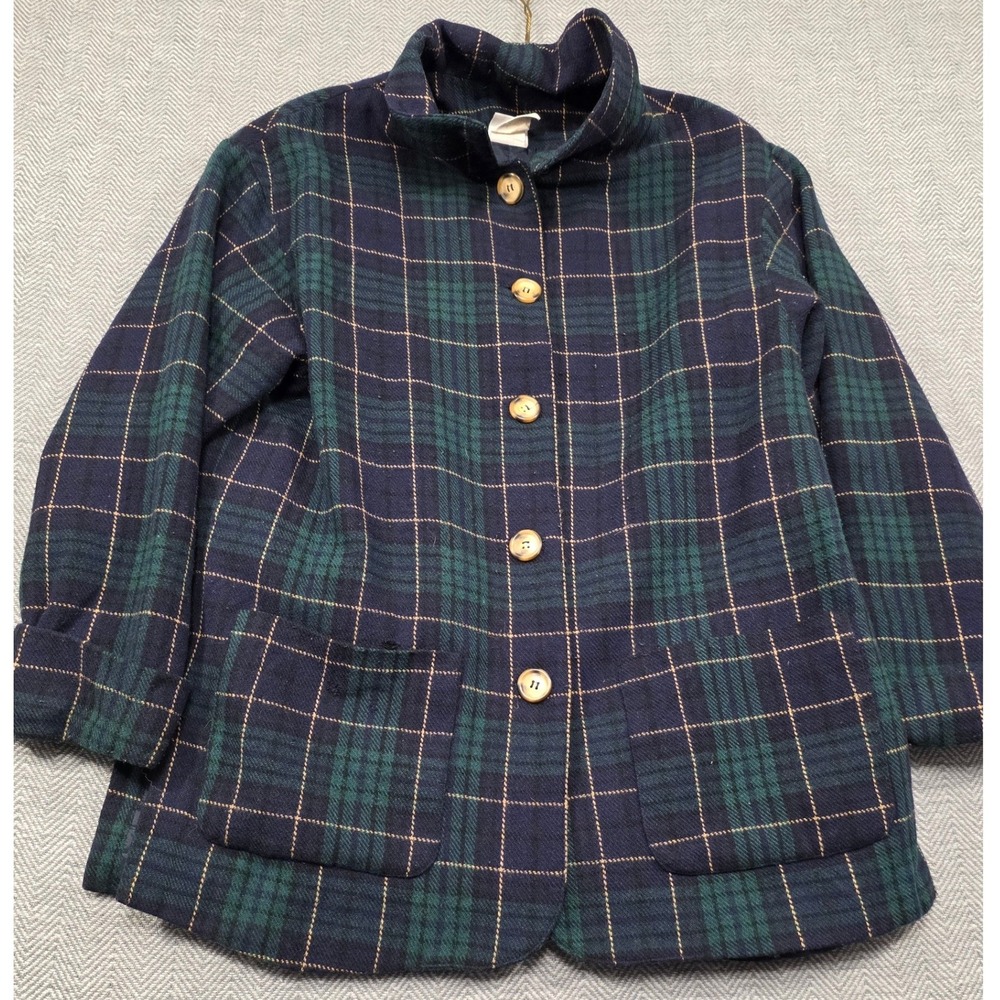 Jaclyn Smith Classics Wool Blend Plaid Jacket Navy Green Yellow Size 12 RN 73942